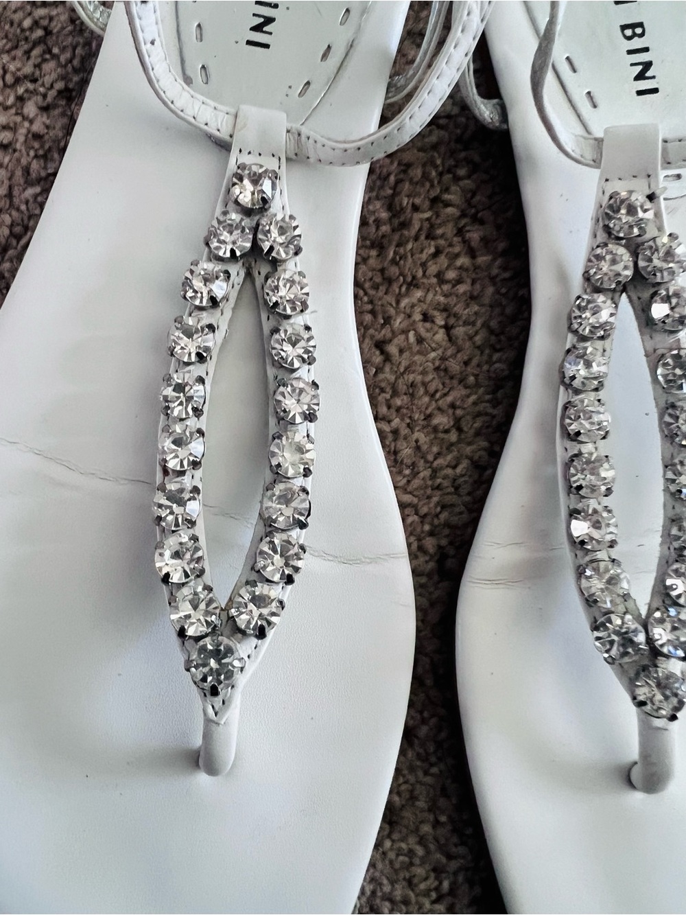 Gianni Bini White “Glitter” Rhinestone T-Strap Flat Sandals | Ankle Strap|9.5 - Picture 2 of 8